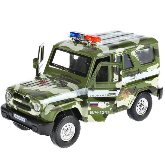 Машина металл свет-звук UAZ HUNTER ВОЕННЫЙ 12 см, двер, багаж, инерц, в кор. Технопарк