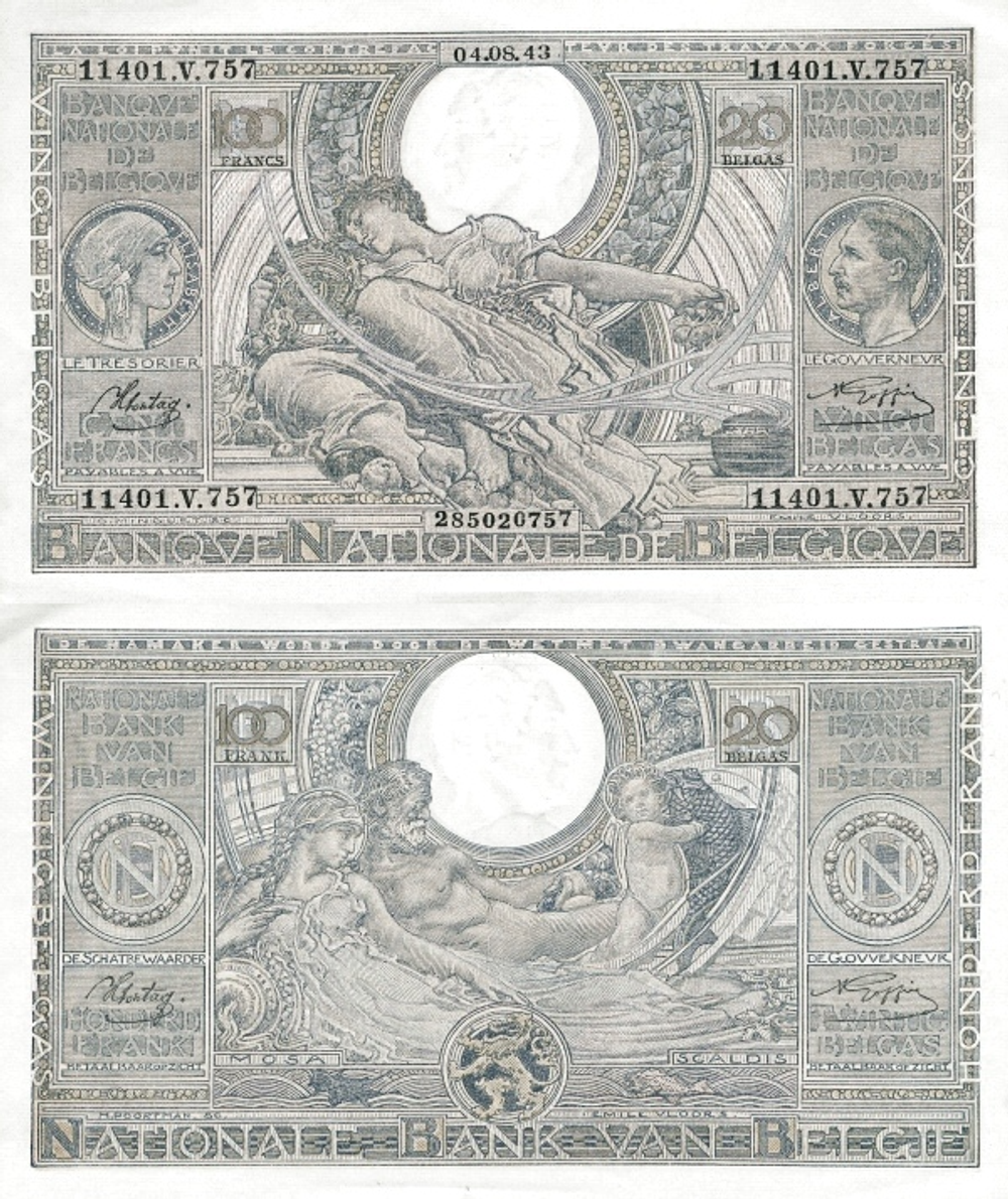 Бельгия 100 франк 1933-1943 Аллегорические фигуры UNC