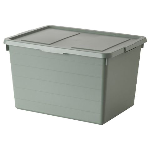 Коробка для хранения с крышкой IKEA SOCKERBIT (СОКЕРБИТ), Серо-зеленый, 38x51x30 см
