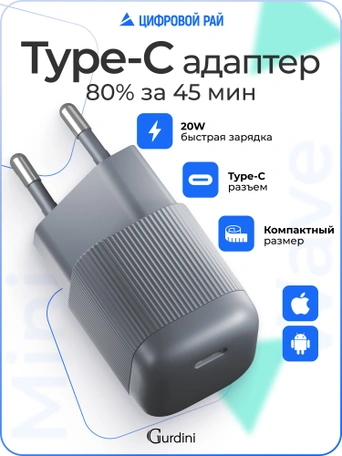 Сетевая зарядка Gurdini Mini Wave 20W USB-C ( 1 port) cерый