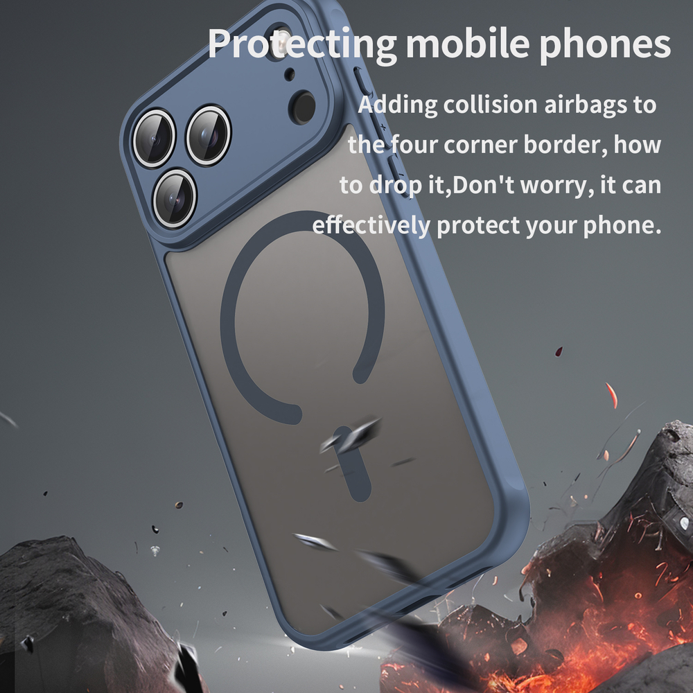 Матовый полупрозрачный чехол с MagSafe для iPhone 17 Pro Max, усиленные боковые рамки синего цвета
