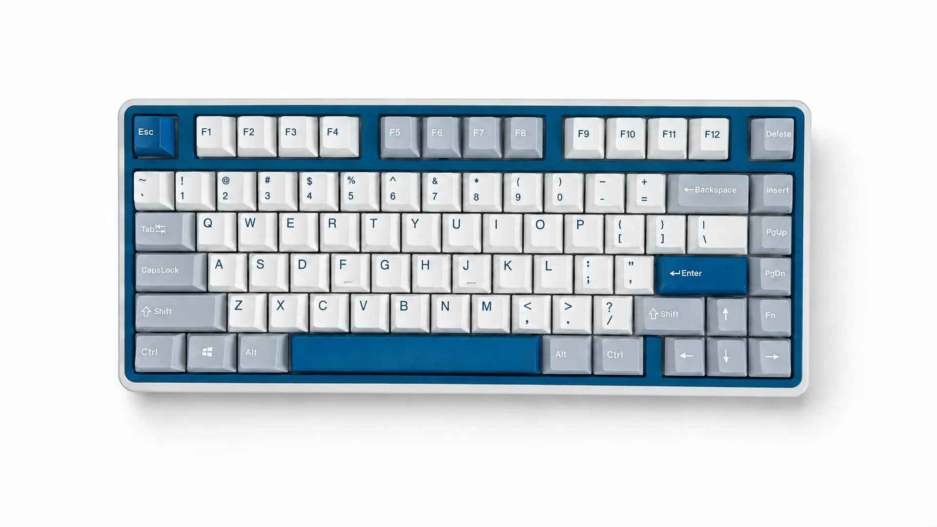 Varmilo Minilo 75% Bluebell — Kailh Prestige Silent, вид сверху на белом фоне