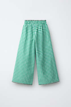 ZARA БРЮКИ WIDE LEG В КЛЕТКУ ВИШИ, БЕЛЫЙ/ЗЕЛЕНЫЙ
