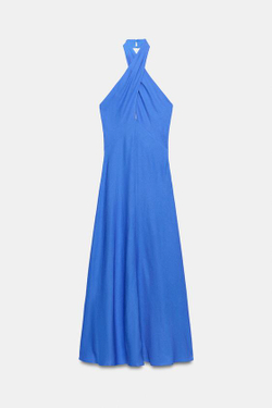 ZARA ЛЬНЯНОЕ ПЛАТЬЕ МИДИ С ГОРЛОВИНОЙ ХАЛТЕР, СИНИЙ