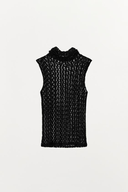 ZARA КРУЖЕВНОЙ ТОП С ВОРОТНИКОМ-СТОЙКОЙ, ЧЕРНЫЙ