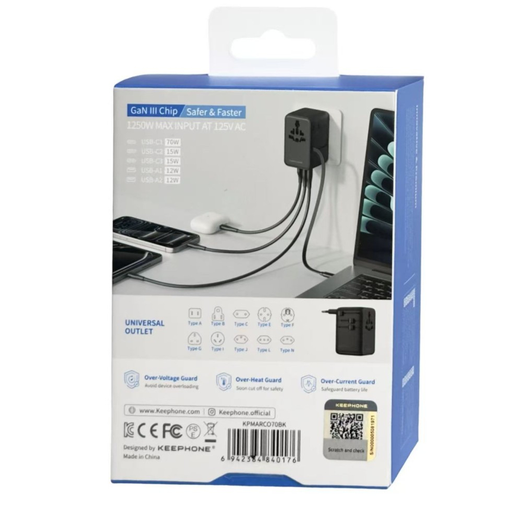 Сетевой универсальный адаптер Keephone Marco 70W 2USB/3C черный