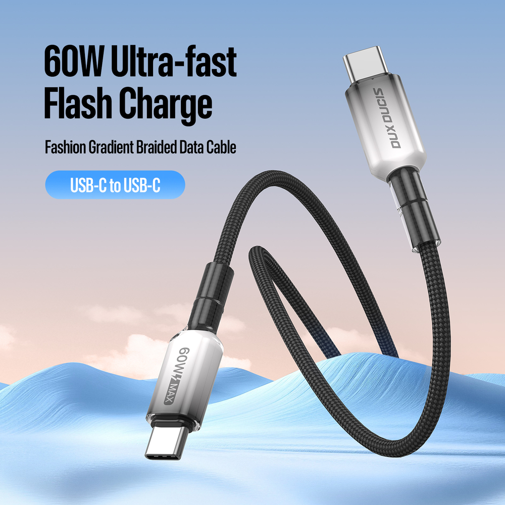 Кабель для быстрой зарядки 60W в тканевой черной оплетке длина 100см (1м) с разъемом Type C на Type C, серия WLCM Series от Dux Ducis