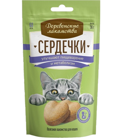 Деревенские лакомства Для кошек Сердечки для пищеварения и метаболизма, 60шт., 30гр.