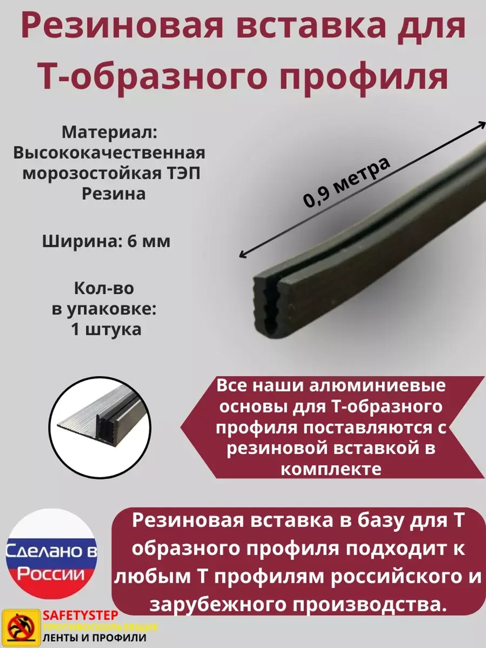 Резиновая вставка в базу для т профиля, уплотнитель, 0.9 м