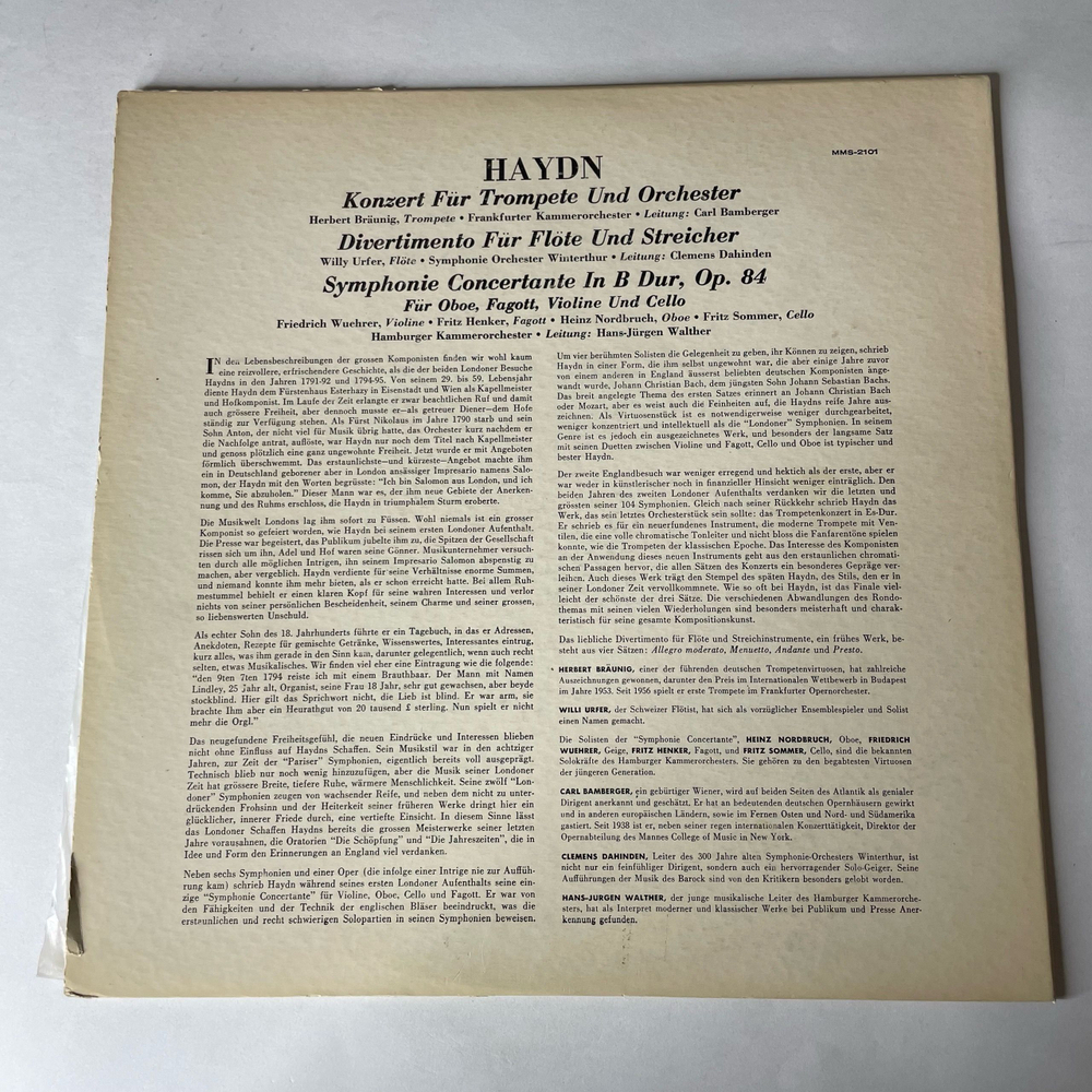 Винтажная виниловая пластинка LP Haydn Гайдн, Симфония Symphonie Concertante Pour Hautbois, Basson, Violon, Violoncelle Et Orchestre, Op. 84 (Германия 1959)