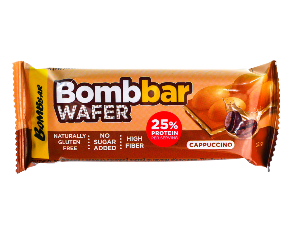 Батончик вафельный "BOMBBAR" с молочно-ореховой пастой со вкусом "Капучино" 32г х 20