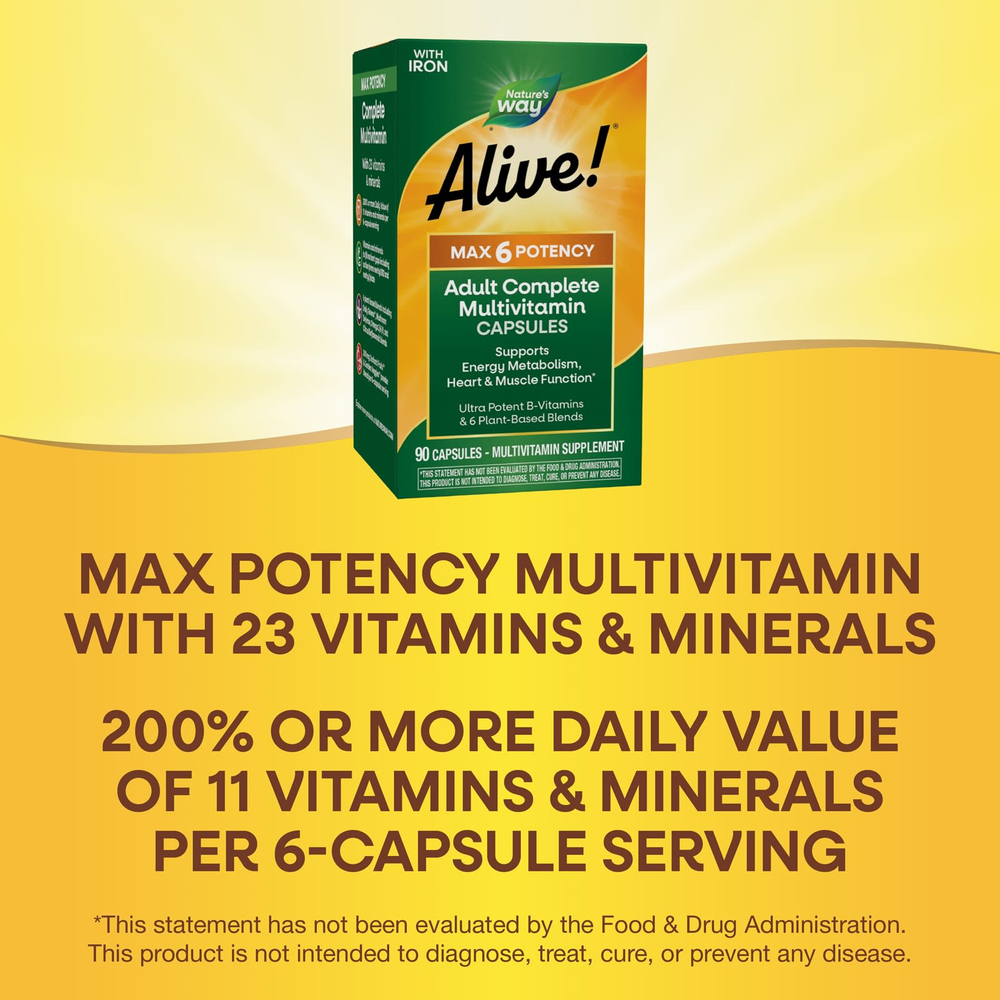 Nature's Way, Alive!® Max 6 Potency, полный мультивитаминный комплекс для взрослых, с железом, 90 капсул