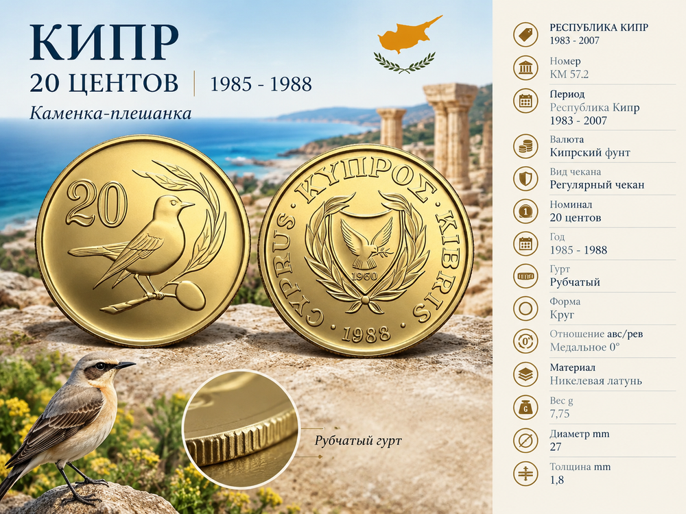 Кипр 20 центов, 1988 Каменка-плешанка XF