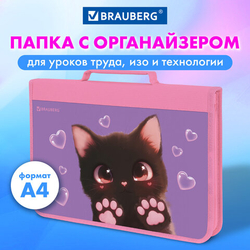 Папка на молнии BRAUBERG А4 с ручкой, с органайзером, 1 отделение, Кошачьи лапки, 273383