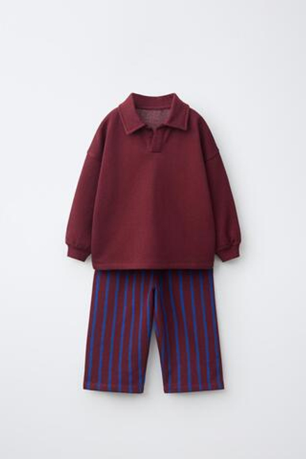 ZARA КОМПЛЕКТ: ПОЛО И БРЮКИ WIDE LEG В ПОЛОСКУ, БУРГУНДИ