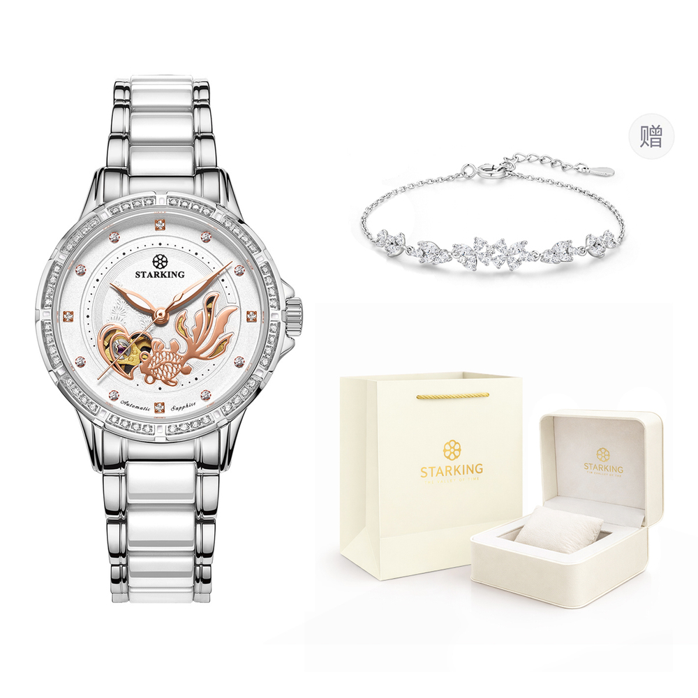 STARKING Koi Fish Collection Automatic Mechanical Movement Ceramic Strap Watch Women"s Watch White Dial