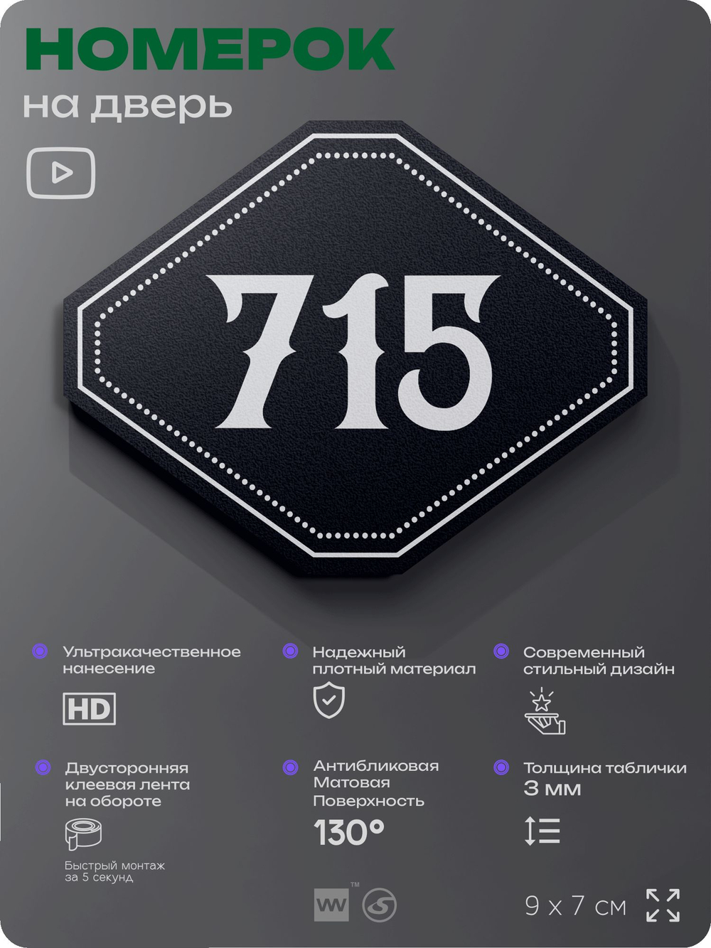Номерок на дверь квартиры 715, для кабинета, офиса, шильдик 9 х 7 см, черный, Айдентика Технолоджи