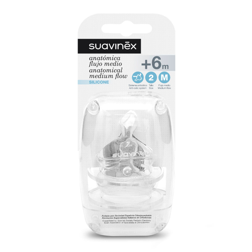 Антиколиковая силиконовая соска для бутылочки Suavinex, средний поток, 6+ мес, 2 шт