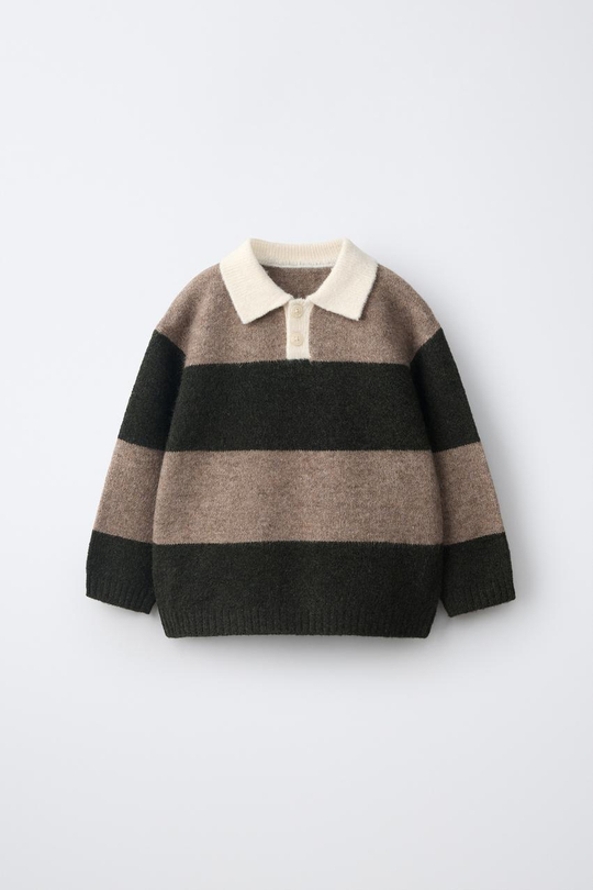 ZARA СВИТЕР С ВОРОТНИКОМ ПОЛО SOFT TOUCH В ПОЛОСКУ, КОРИЧНЕВЫЙ/ЗЕЛЕНЫЙ