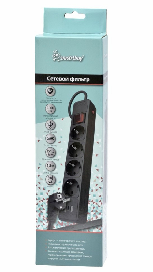 Сетевой фильтр c USB+Type C, 16А, 4 гнезда, c з/ш, с з/к, ПВС, 1.8 м, черный (SBSP-18C-K)