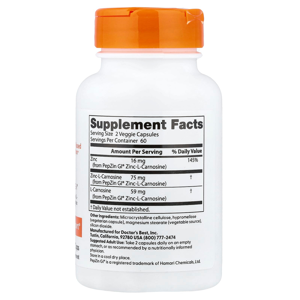 Doctor's Best, PepZin GI®, цинк-L-карнозин, 120 растительных капсул