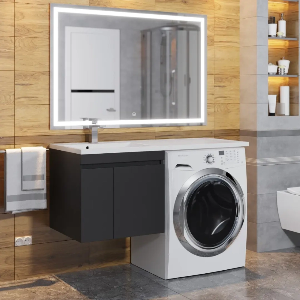 Тумба под стиральную машину с раковиной Uperwood Magenta 60/120 см, подвесная, черная, с дверцами, левая