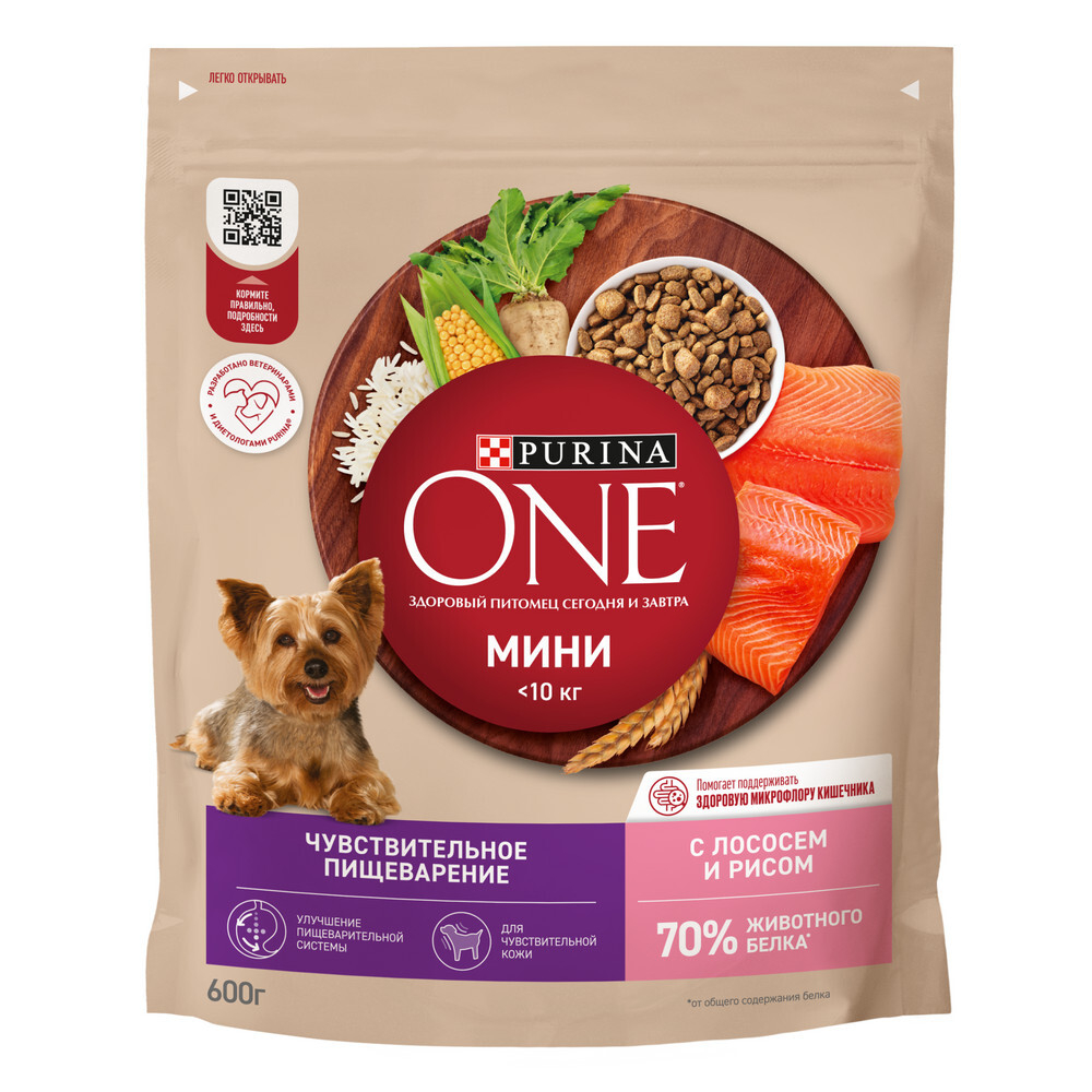 Сухой корм Purina ONE МИНИ <10 кг для собак мелких пород с чувствительным пищеварением лосось  рис 600 г