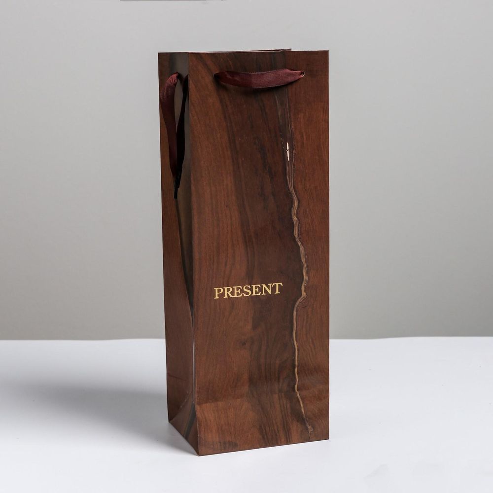 Пакет подарочный ламинированный под бутылку упаковка «Wood present» 13 x 36 x 10 см.