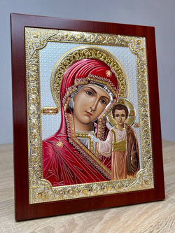 Казанская БМ, икона прямоугольная с рамкой, красное дерево, эмаль 210х260