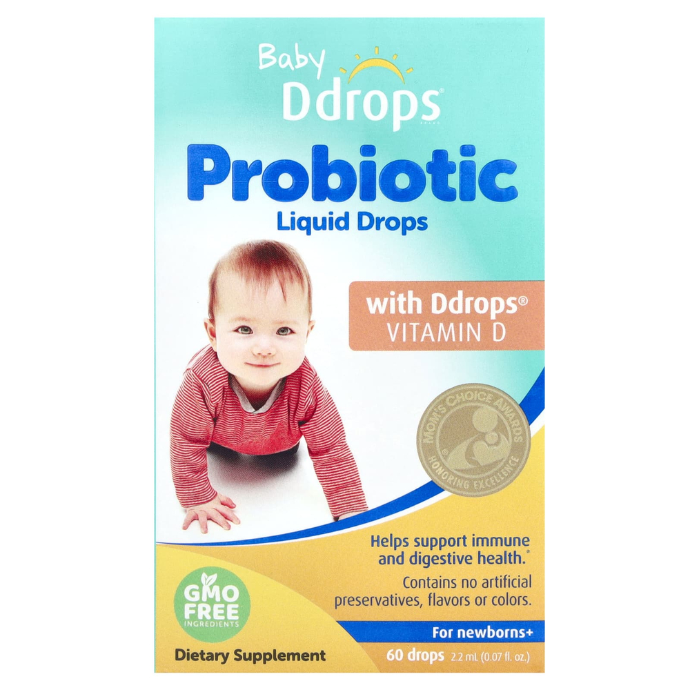Ddrops, Baby, жидкие капли с пробиотиком, для новорожденных, 60 капель, 2,2 мл (0,07 жидк. унц.)