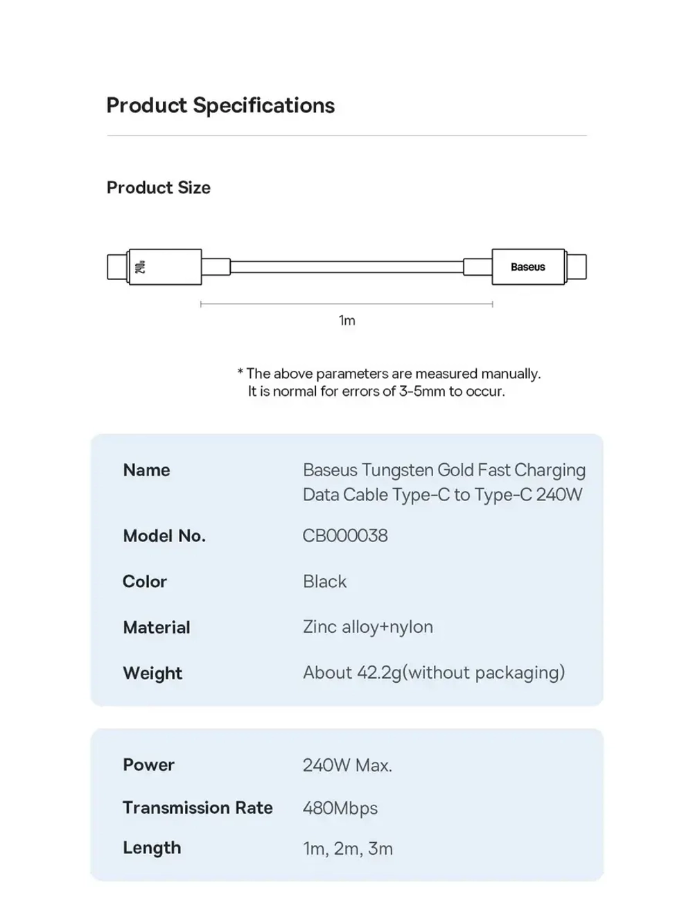 Кабель зарядки Базеус Type-C 240W для iPhone 15-16, Macbook