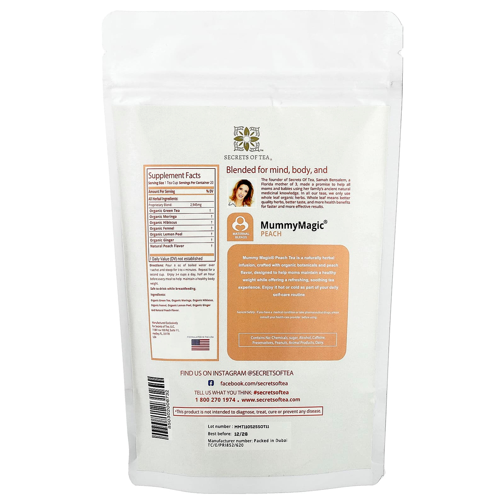 Secrets of Tea, Slim Tea, чай Mummy Magic®, со вкусом персика, 20 неотбеленных чайных пакетиков, 41 г (1,47 унции)