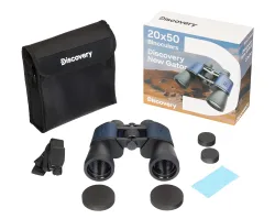 Бинокль Levenhuk Discovery New Gator 20x50 с упаковкой и аксессуарами на белом фоне