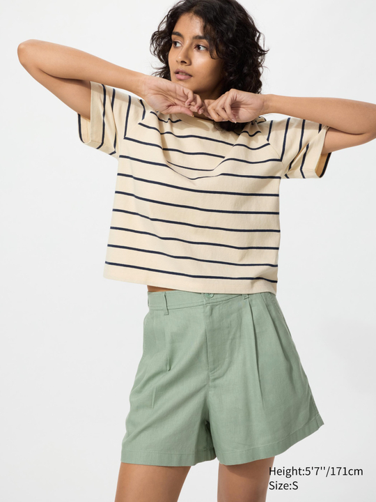 UNIQLO Льняные хлопковые шорты, зеленый