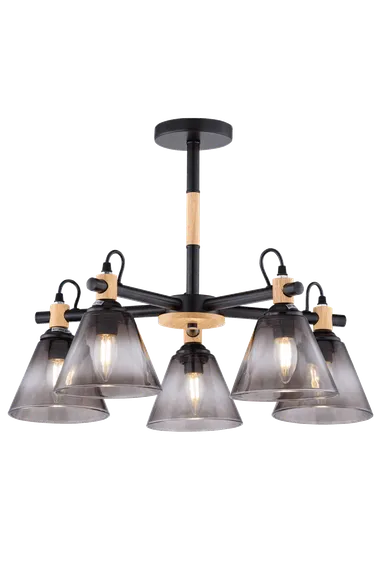 Люстра потолочная Rilon 06781/5 BLACK+WOOD, 5×40 Вт, чёрная и древесная