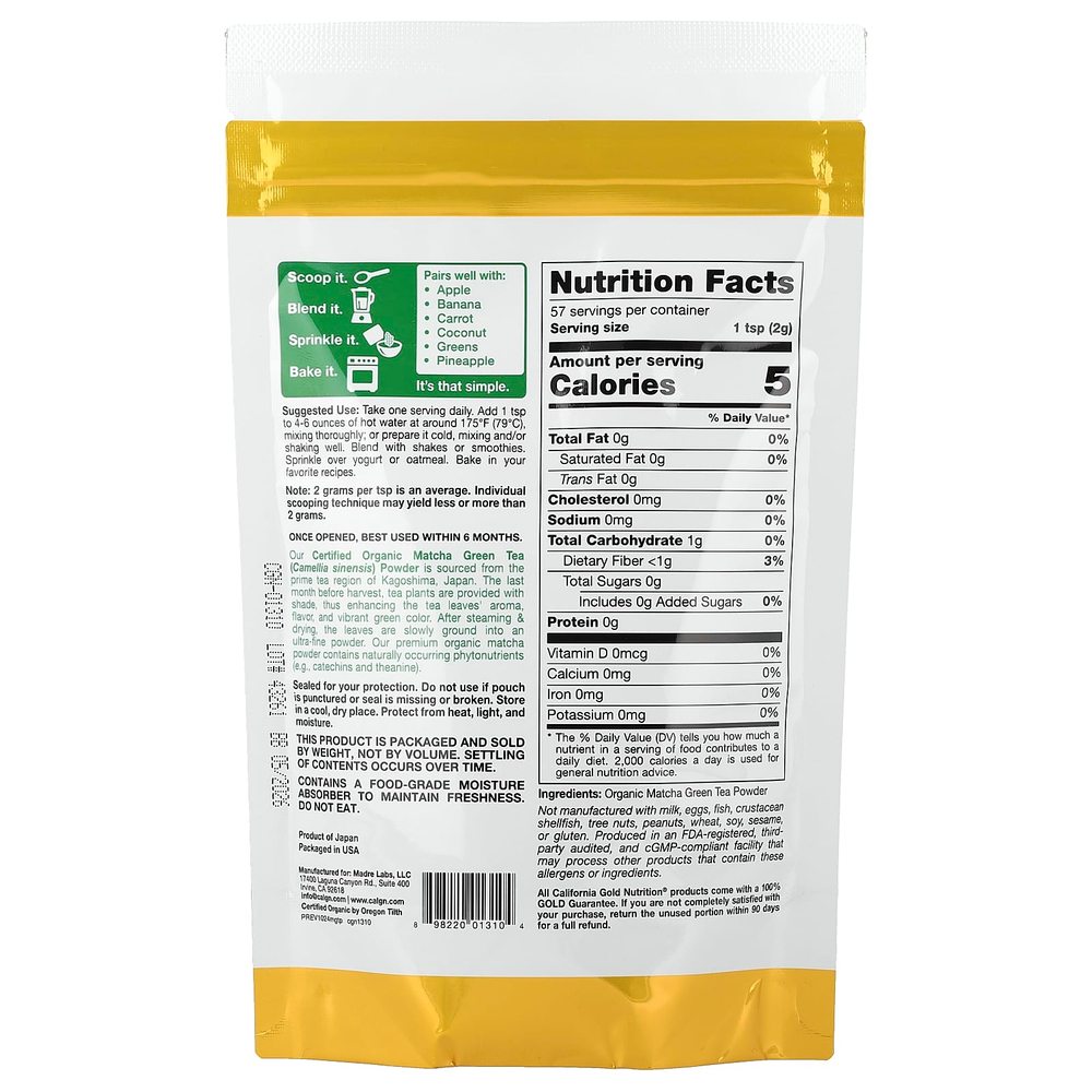 California Gold Nutrition, Superfoods, органический зелёный чай матча в порошке, 114 г (4 унции)