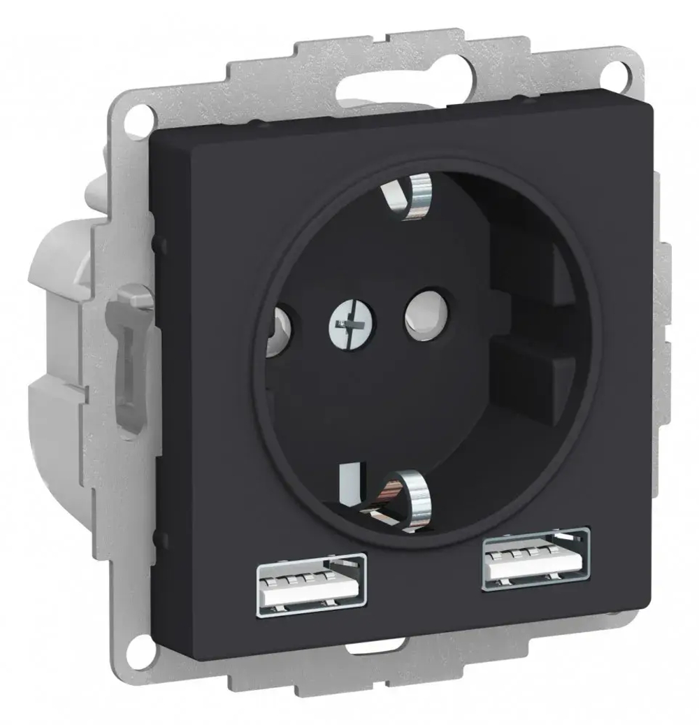 ATLASDESIGN РОЗЕТКА 16А c 2 USB A+A, 5В/2,4А, 2х5В/1,2А, механизм, КАРБОН