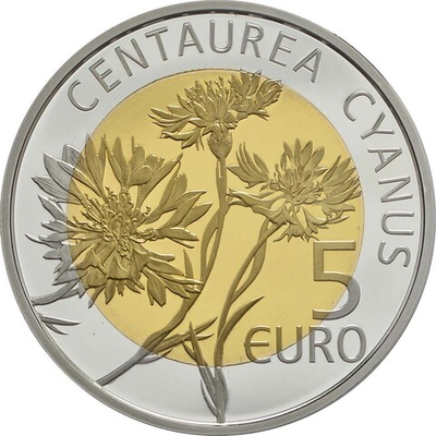 ЛЮКСЕМБУРГ, 2016, 5 ЕВРО [CENTAUREA CYANUS] [БИМЕТАЛЛ: СЕРЕБРО + NORDIC GOLD]