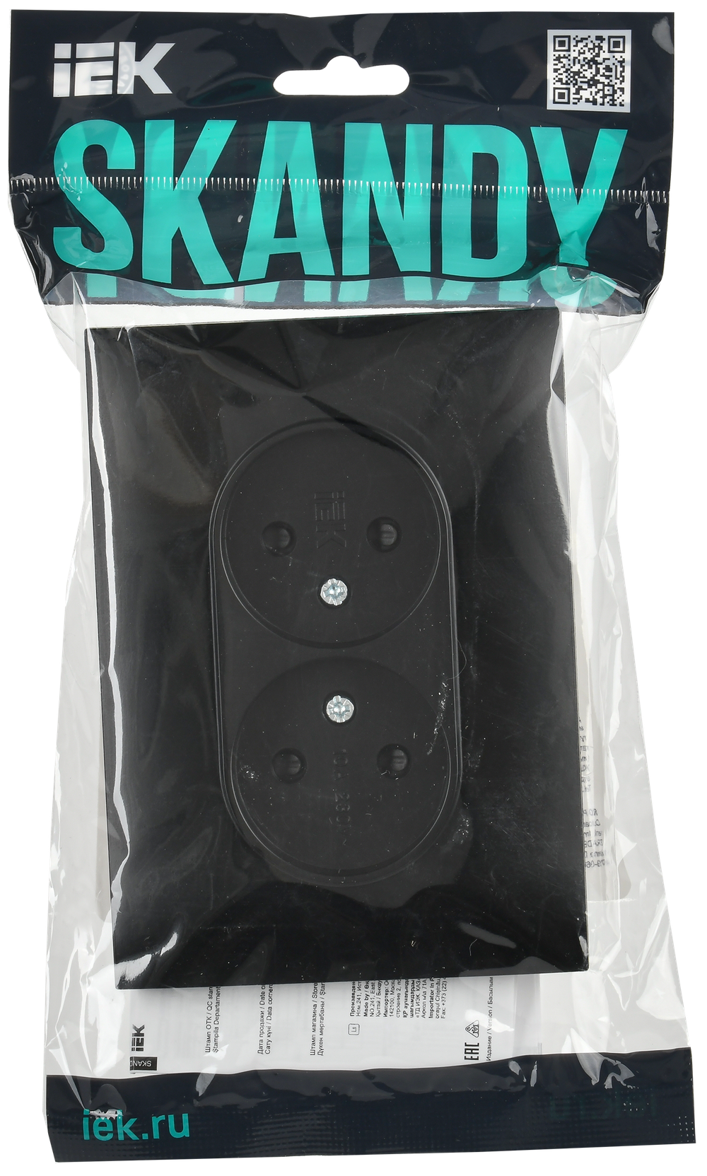 SKANDY Розетка 2-местная без заземления с защитными шторками 10А в сборе SK-R09Bl черный IEK