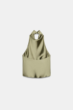 ZARA АТЛАСНЫЙ ТОП С ГОРЛОВИНОЙ ХАЛТЕР, СВЕТЛЫЙ ХАКИ