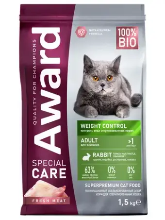 Сухой корм AWARD SPECIAL CARE Weight Control для взрослых стерилизованных кошек для контроля веса со свежим мясом кролика 1,5 кг