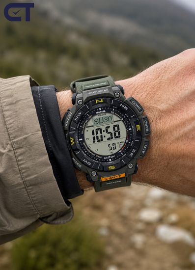 CASIO PRG-340-3DR PRO TREK мужские наручные часы — зелёная PRO TREK с Triple Sensor, солнечным питанием и Duplex LCD