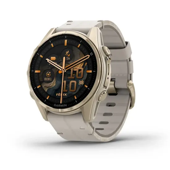 Мультиспортивные GPS часы Garmin Fenix 8S (43 mm) AMOLED, Sapphire Soft Gold Stainless Steel with Fog Gray Leather Band 010-02903-40