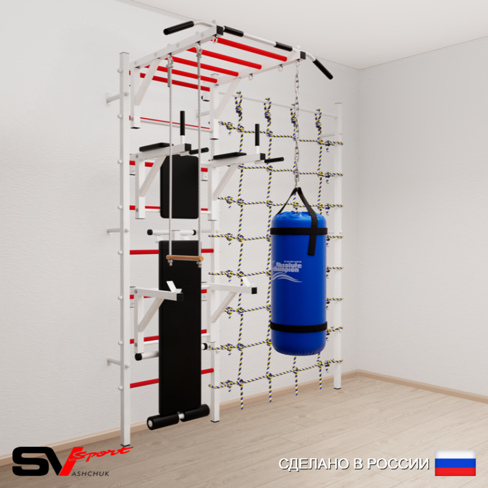 Шведская стенка Sv Sport усиленная 66330 (Турник рукоход/Брусья/Стойка/Скамья/Трапеция/Цепь/Мешок 30кг/Канатный лаз)