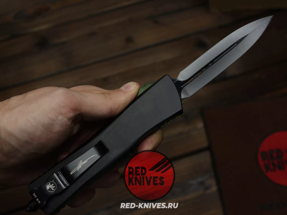 Нож Microtech Troodon D/E - рукоять зеленый Ultem, черный клинок RK-467