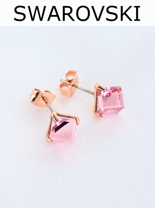 Серьги-гвоздики Миражи с розовыми кристаллами-кубиками Swarovski