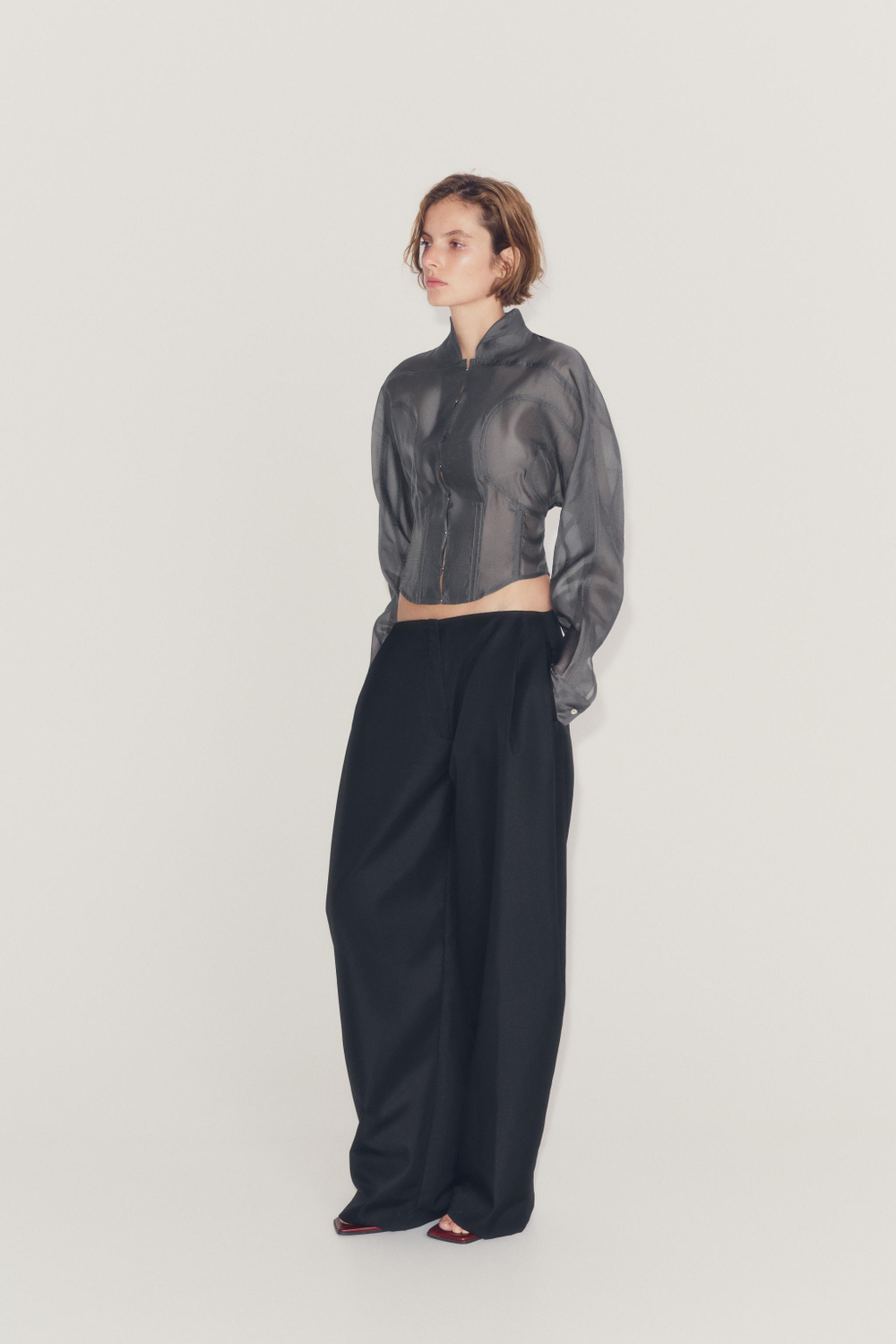 ZARA РУБАШКА-КОРСЕТ ZW COLLECTION, ТЕМНО-СЕРЫЙ