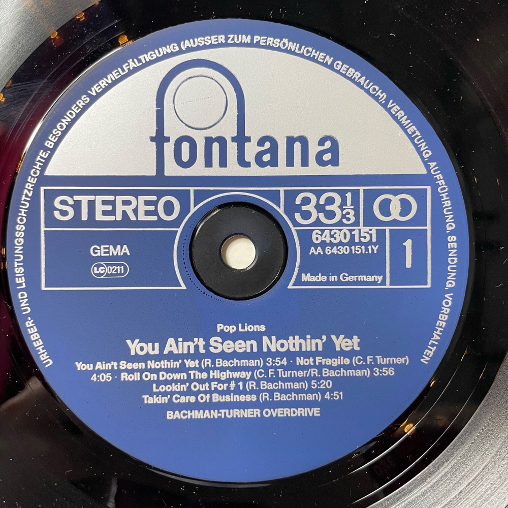 Винтажная виниловая пластинка LP Bachman Turner Overdrive You Aint Seen Nothin Yet (Germany 1977)