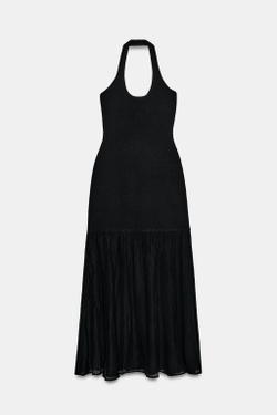 ZARA КОМБИНИРОВАННОЕ ТРИКОТАЖНОЕ ПЛАТЬЕ С ХАЛТЕРОМ, ЧЕРНЫЙ