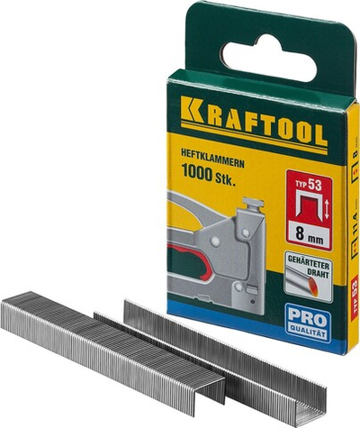 KRAFTOOL тип 53 (A/10/JT21) 8 мм, 1000 шт, калибр 23GA, скобы для степлера (31670-08)